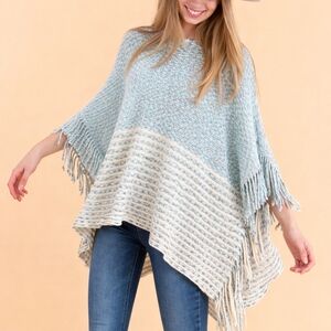 Hadley Wren Light Blue & Cream Fringe Knit Poncho Top- One Size Fits Most